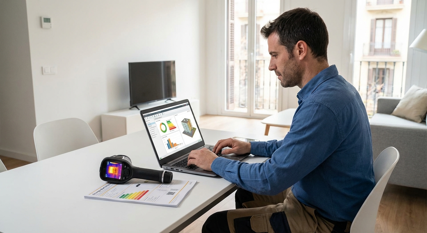 technician working on a laptop with energy efficiency software