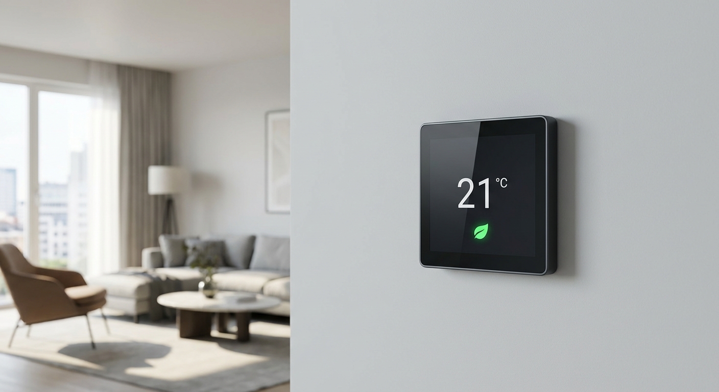 smart thermostat mounted on a wall displaying temperature and eco leaf symbol