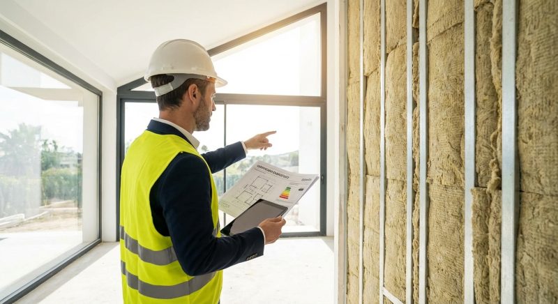 architect inspecting thermal insulation blueprints in modern home construction
